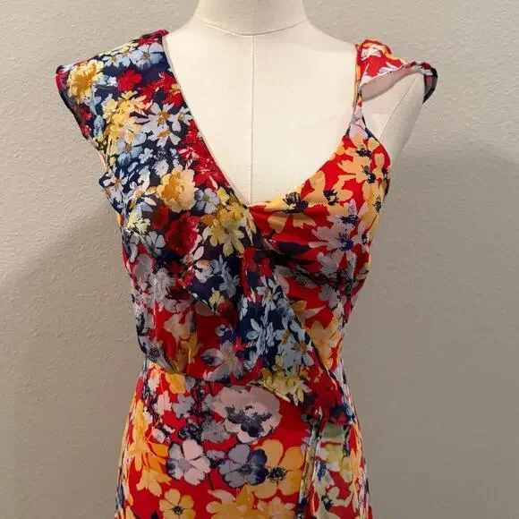 Lulus Ruby Red Floral Print Chiffon Maxi Dress XS Wedding Feminine Date Night - Picture 5 of 7